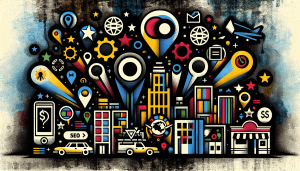 Colorful cityscape with icons and gears.