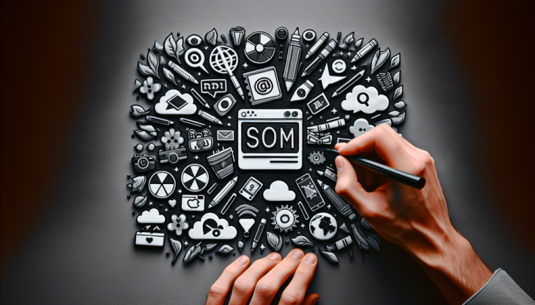Hands sketching social media icons and SOM on paper.