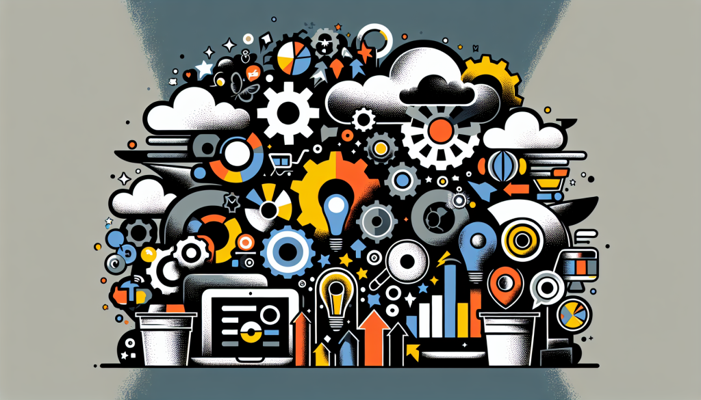 Colorful tech and data illustration, gears and clouds