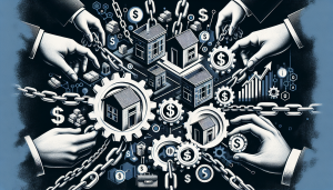 Hands managing interconnected real estate and finance symbols.