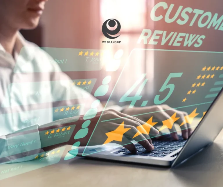 Person typing customer reviews on laptop, high rating.