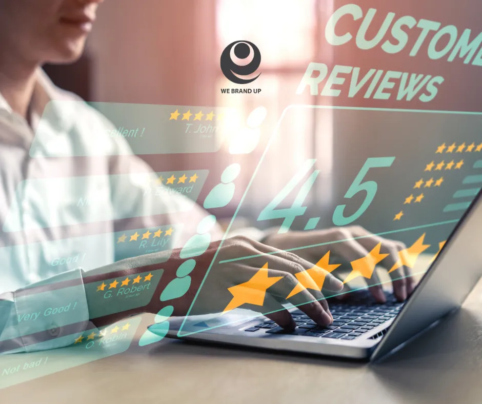 Person typing customer reviews on laptop, high rating.