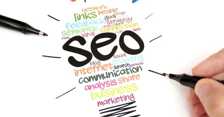 SEO concepts visualized with colorful keywords.