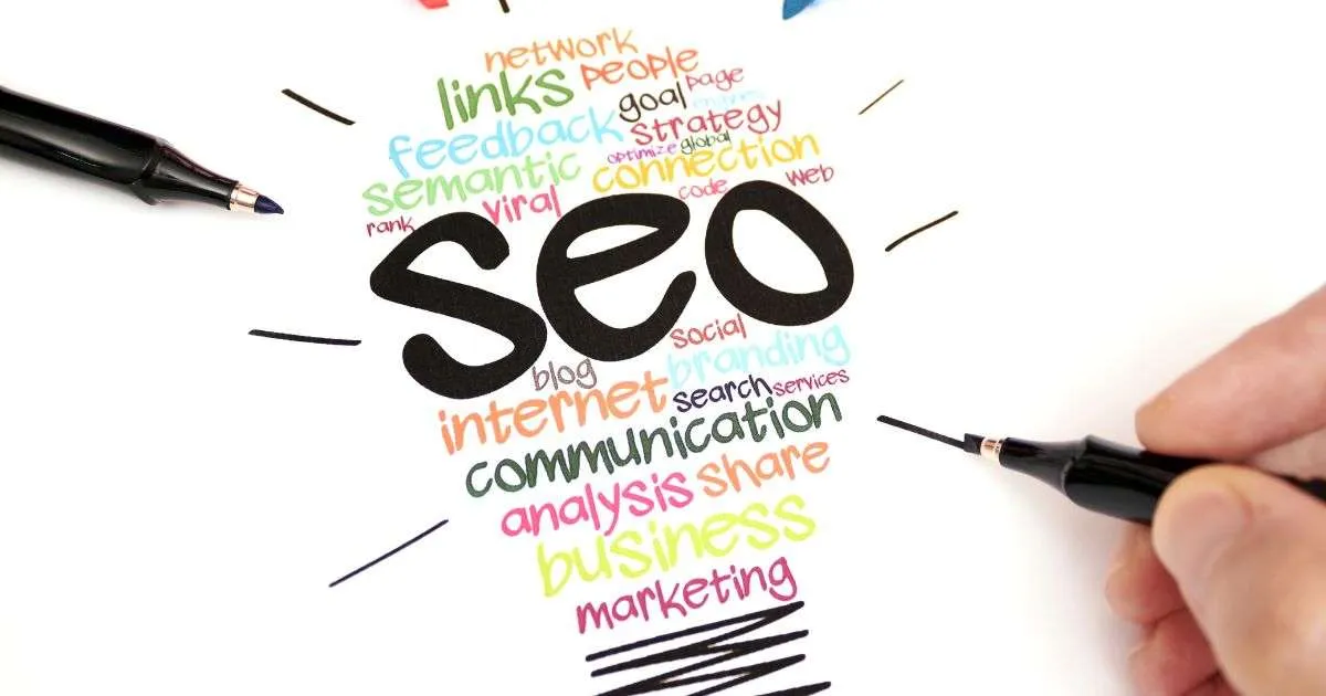 SEO concepts visualized with colorful keywords.