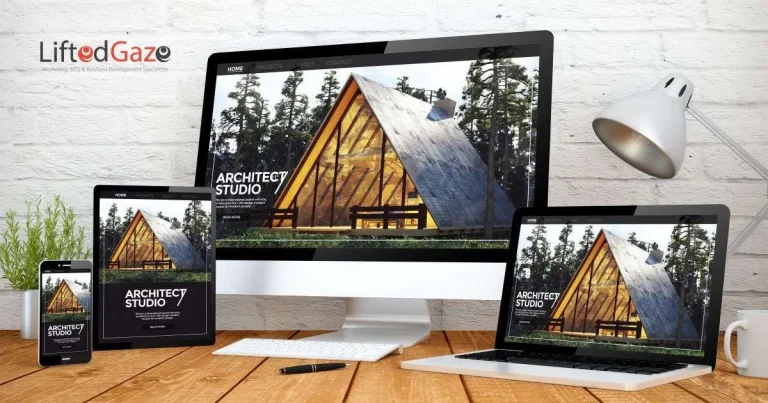 Responsive design on multiple devices with wooden cabin.