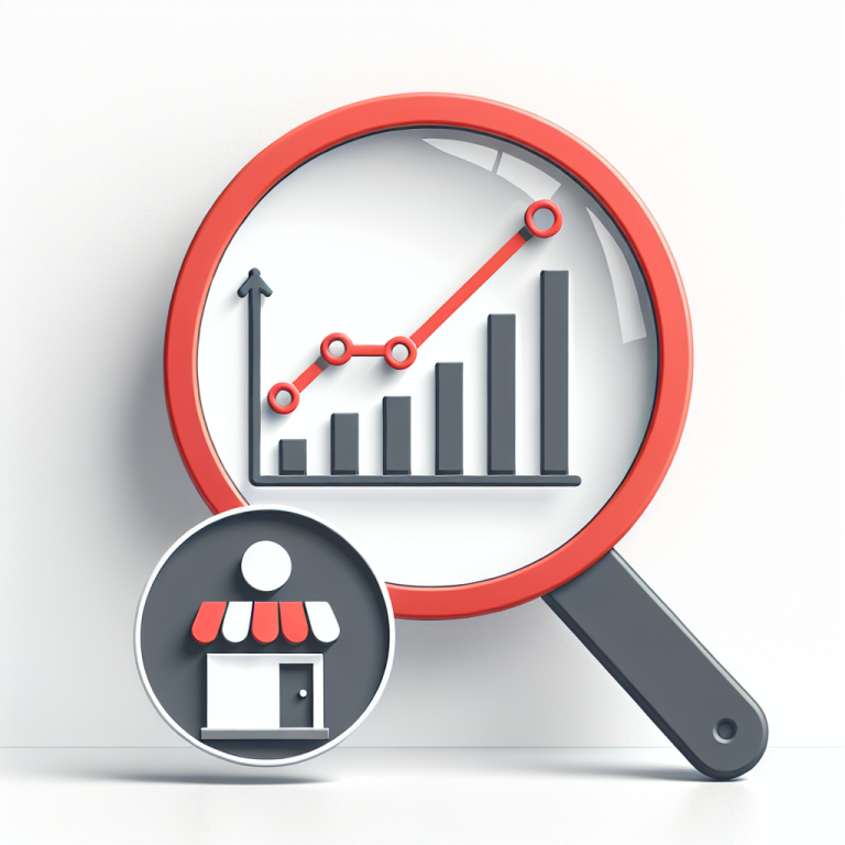 Magnifying glass with rising bar graph and store icon.