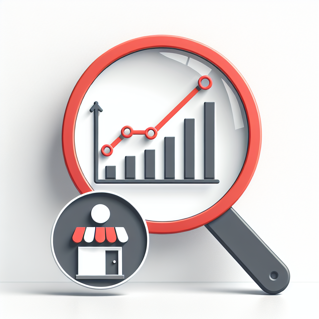 Magnifying glass with rising bar graph and store icon.