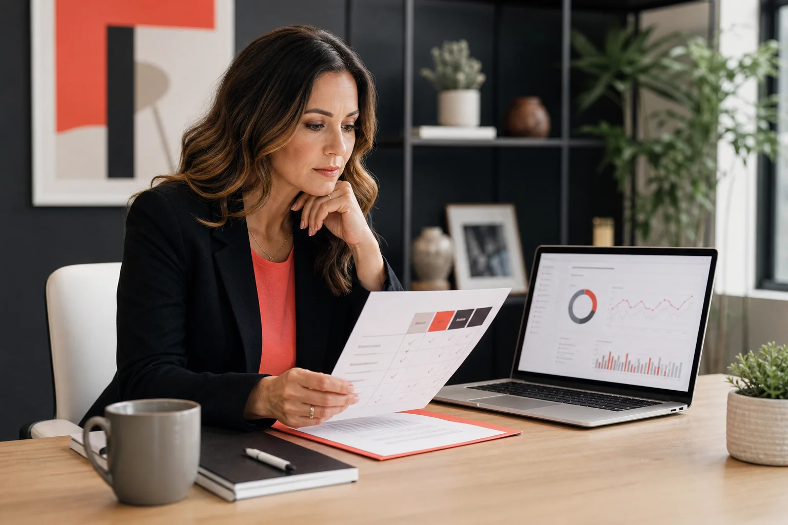 Small-business owner comparing digital marketing agencies with a checklist and analytics dashboard.