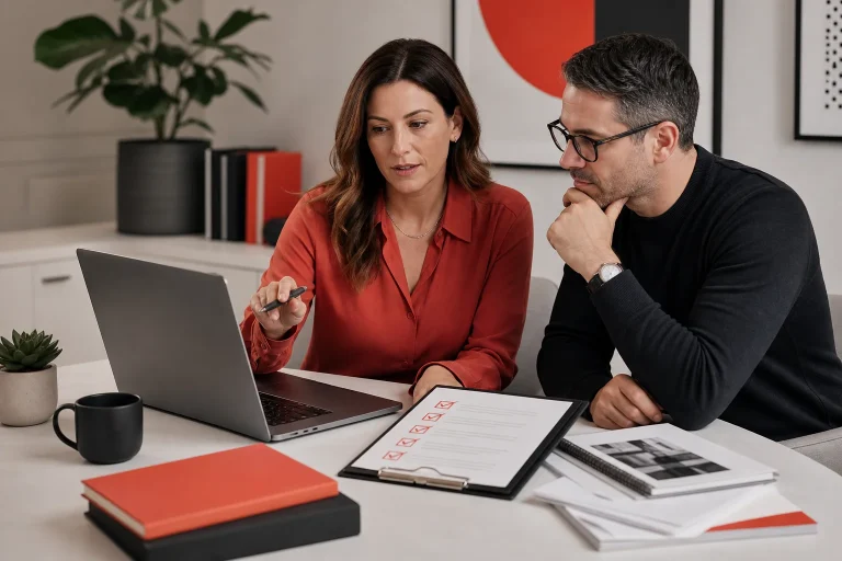 Marketing team reviewing an AI-assisted content draft against an evidence checklist.