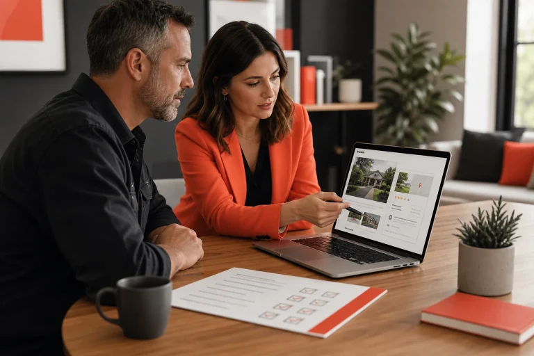 Business owner and marketer reviewing a service website, business listing, and content checklist.