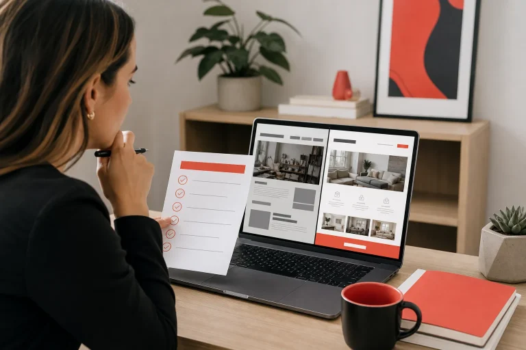 Small-business owner comparing a website audit checklist and service website layouts on a laptop.
