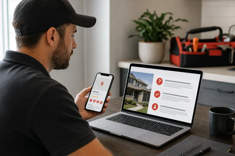 Service-business owner reviewing a Google Maps listing and service information on a website.