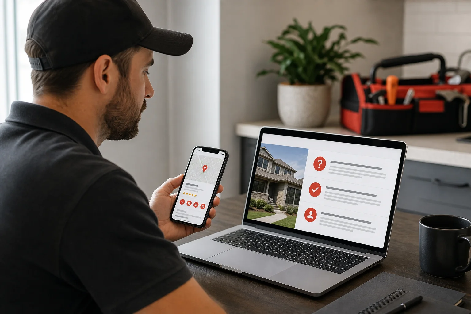 Service-business owner reviewing a Google Maps listing and service information on a website.