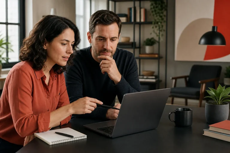 Business owner and marketer reviewing search visibility, lead, and sales pipeline metrics on a laptop dashboard.
