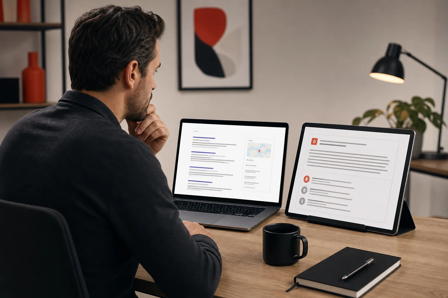 Service-business owner comparing traditional search results and an AI-generated answer on two screens.