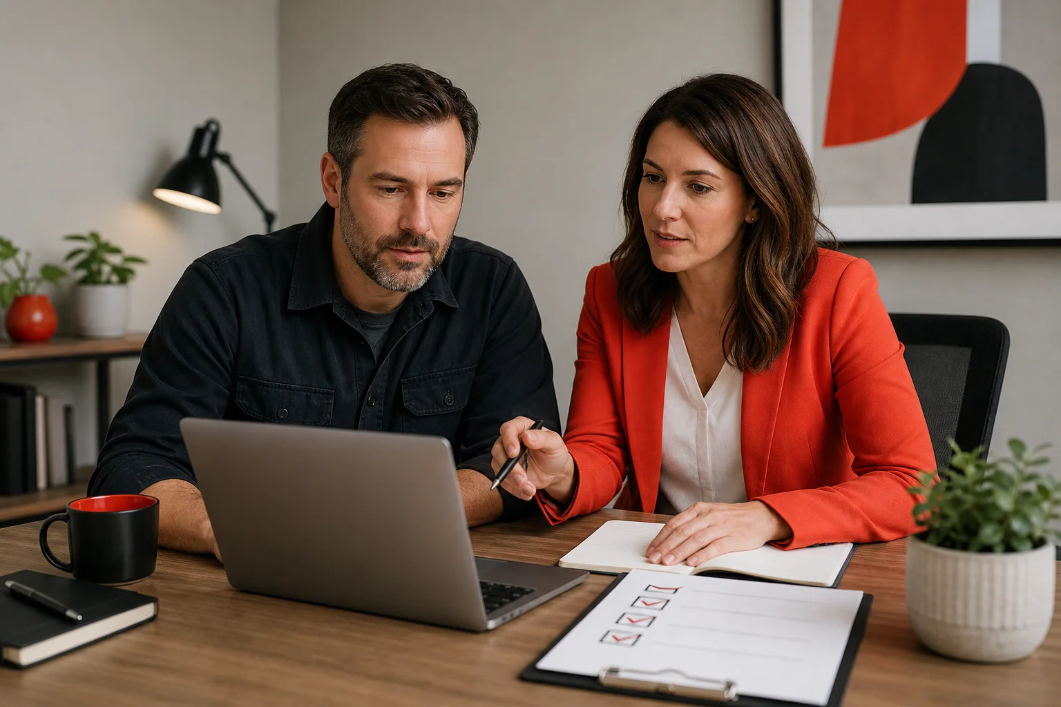 Service business owner reviewing a website and local search authority audit with a marketing strategist.