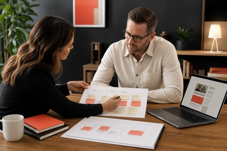 Business owner and strategist reviewing a customer-question content roadmap