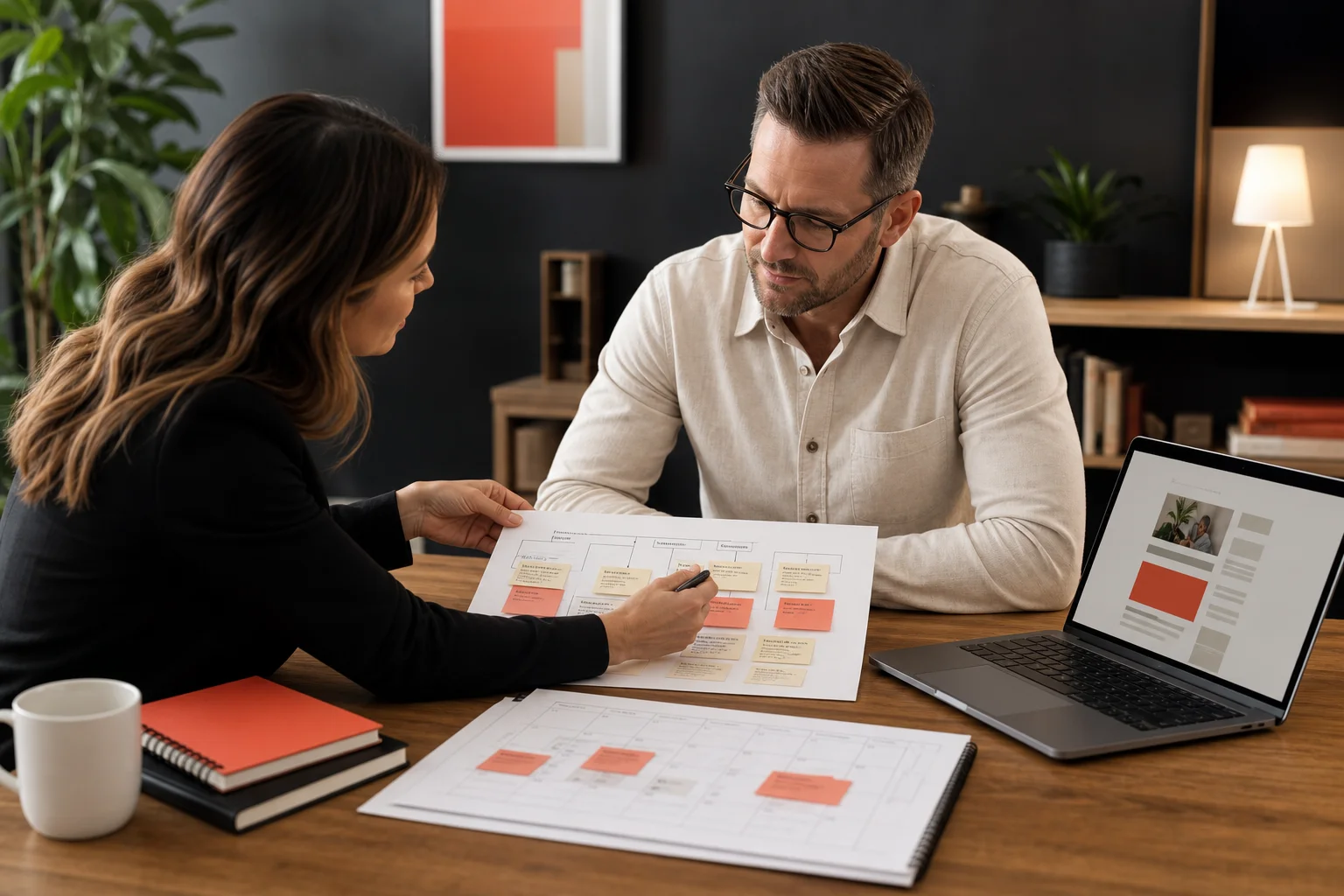 Business owner and strategist reviewing a customer-question content roadmap