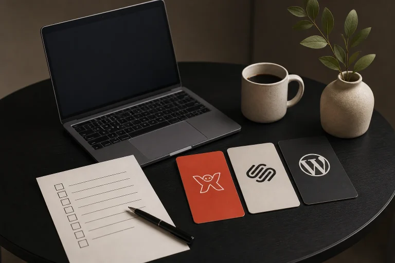 Small-business owner comparing Wix, Squarespace, and WordPress with a website migration checklist.