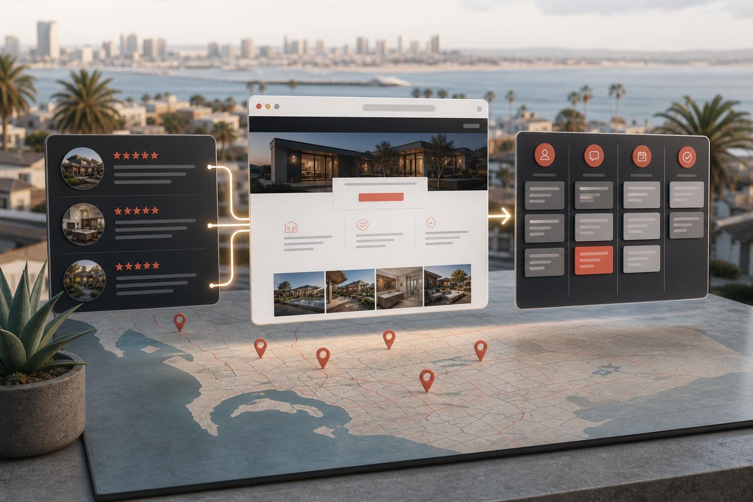 Map, reviews, website, and lead pipeline dashboard for a San Diego service business.