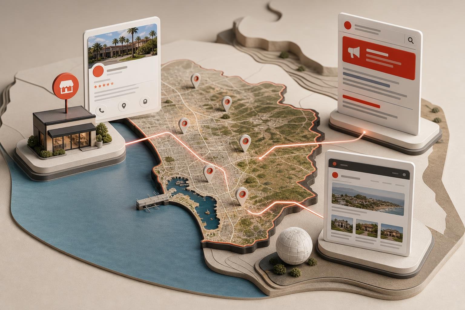 Decision map connecting Google Ads, Google Business Profile, and local SEO for a San Diego County service business.