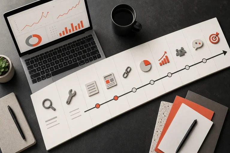 Small business owner reviewing a 12-month SEO timeline beside website traffic and lead charts.