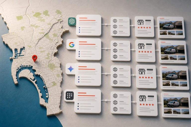San Diego map with AI answer panels, citations, reviews, and a service business website