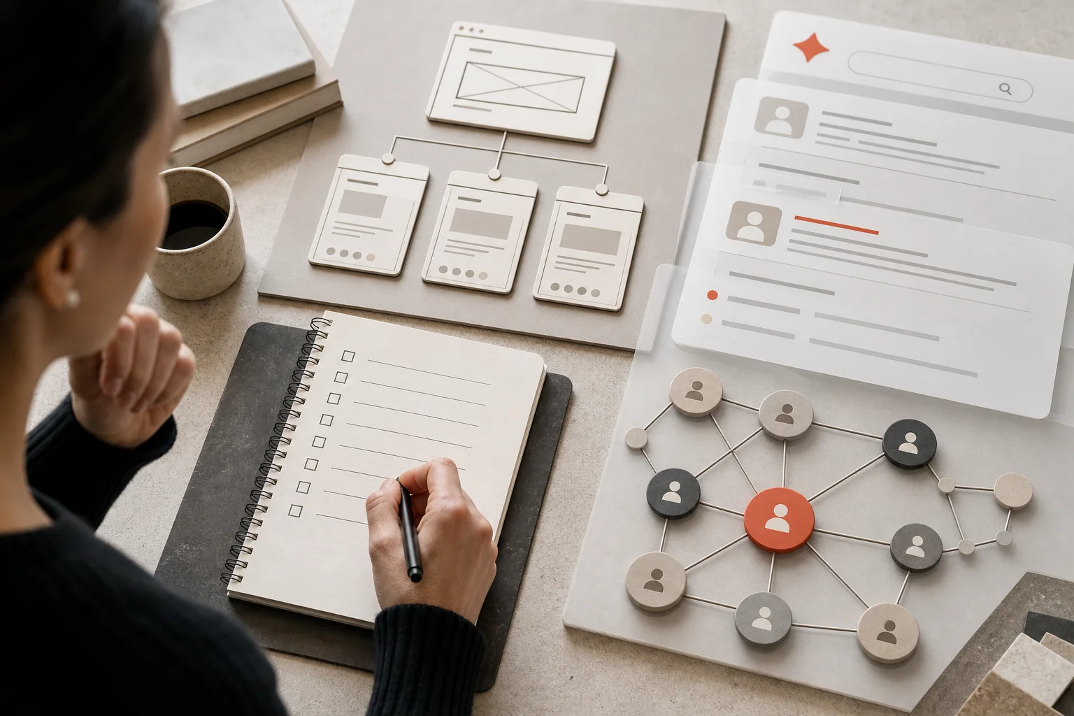 Business leader reviewing an AI search agency checklist with search panels and website diagrams.