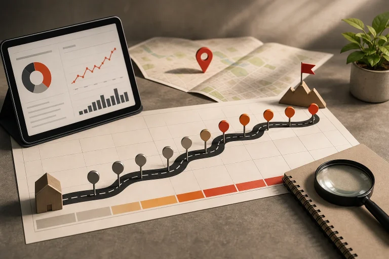 Service-business owner reviewing a 12-month SEO roadmap and website analytics
