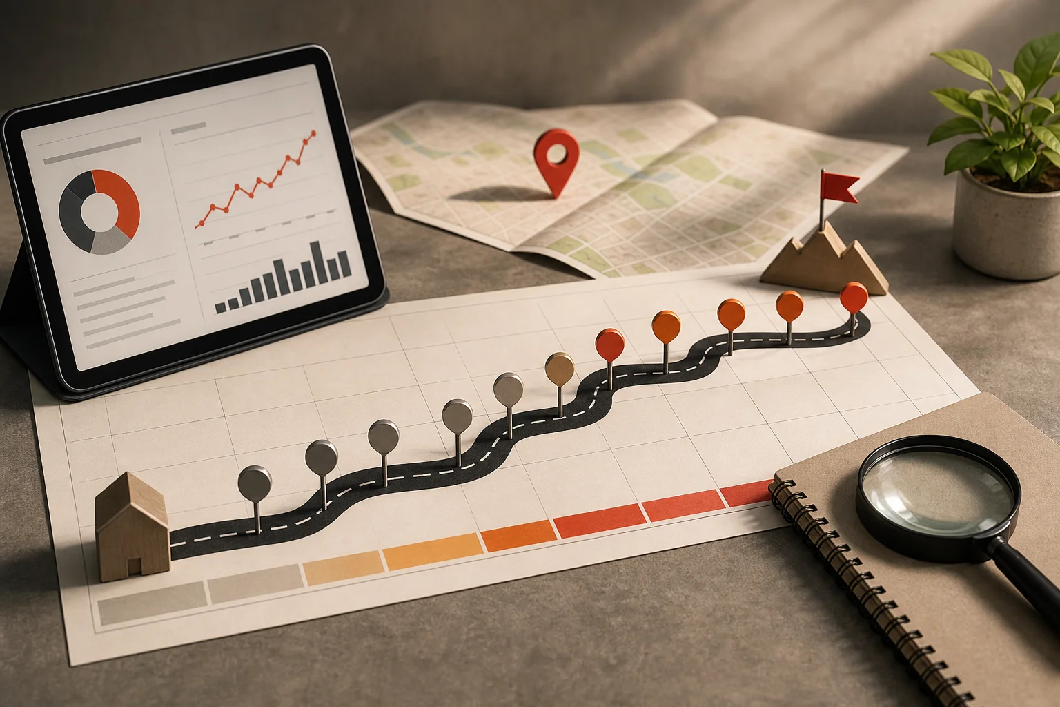 Service-business owner reviewing a 12-month SEO roadmap and website analytics