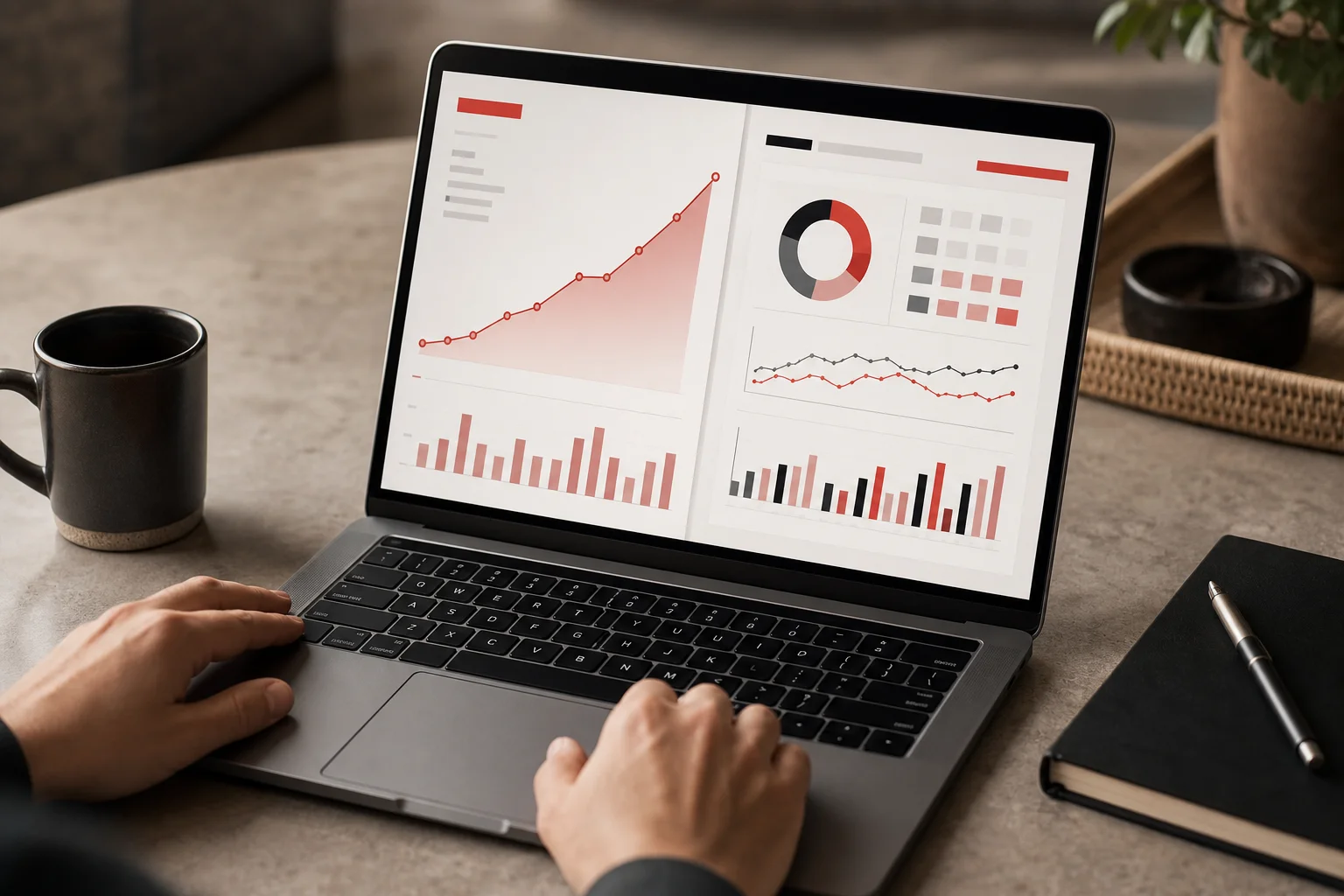 Service business owner comparing SEO growth and Google Ads lead data on a laptop