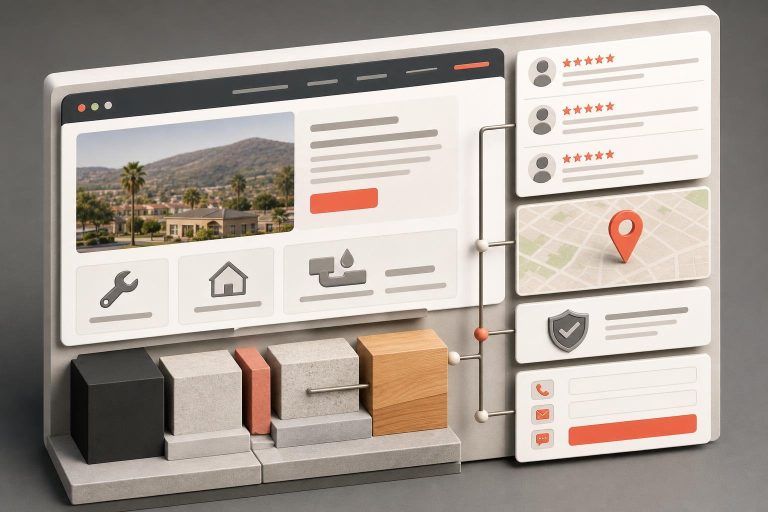 Service business website interface showing reviews, service area, credentials, and contact options