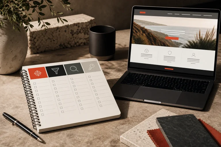 Service business owner comparing a professional website proposal checklist on a desk beside a laptop.