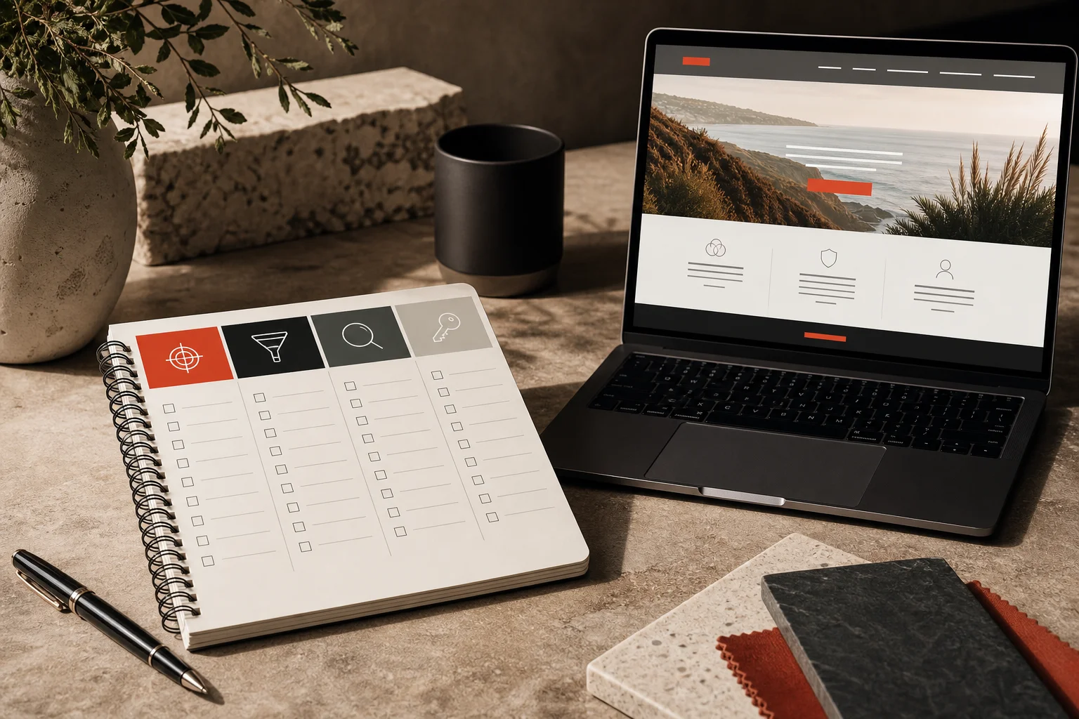 Service business owner comparing a professional website proposal checklist on a desk beside a laptop.