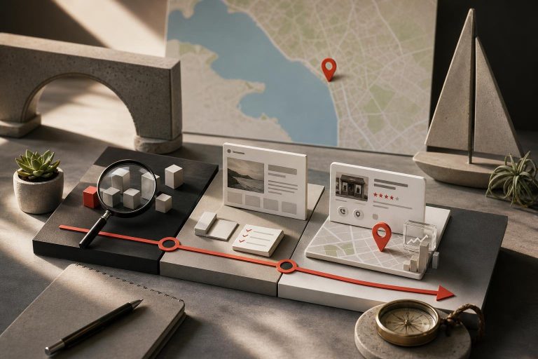 Three-stage 90-day digital marketing roadmap with local search, website, and lead metrics.