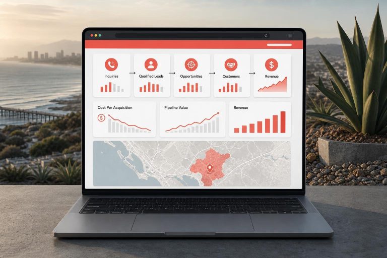 Executive marketing dashboard showing qualified leads, opportunities, acquisition cost, and revenue metrics.